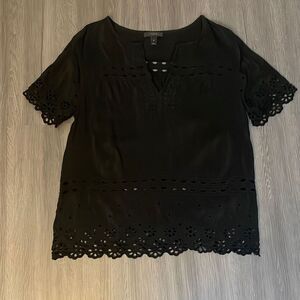 J. Crew Black Short Sleeve Top Blouse 100% Silk Top Floral Size 6 Size Small